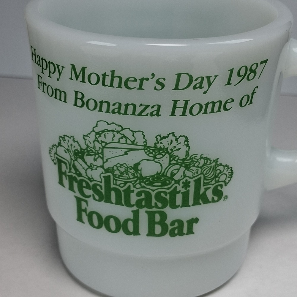 Vintage 1987 Bonanza Mother's Day Mug Freshtastiks Food Bar Milk Glass